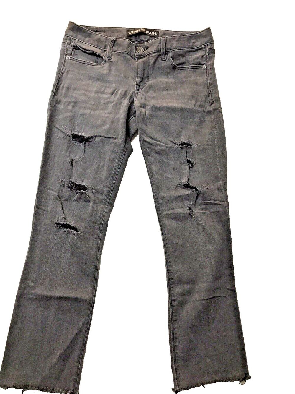 EXPRESS Skinny MIA Mid-Rise Gray Stretch Denim Jeans Wms 4 Destroyed Raw Hem